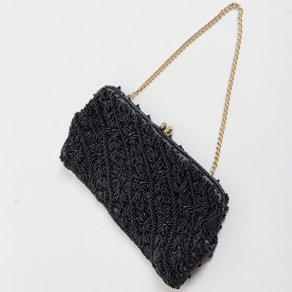 Vintage Walborg Black Beaded Evening Bag w Small Gold Chain Rhinestone Kiss Lock